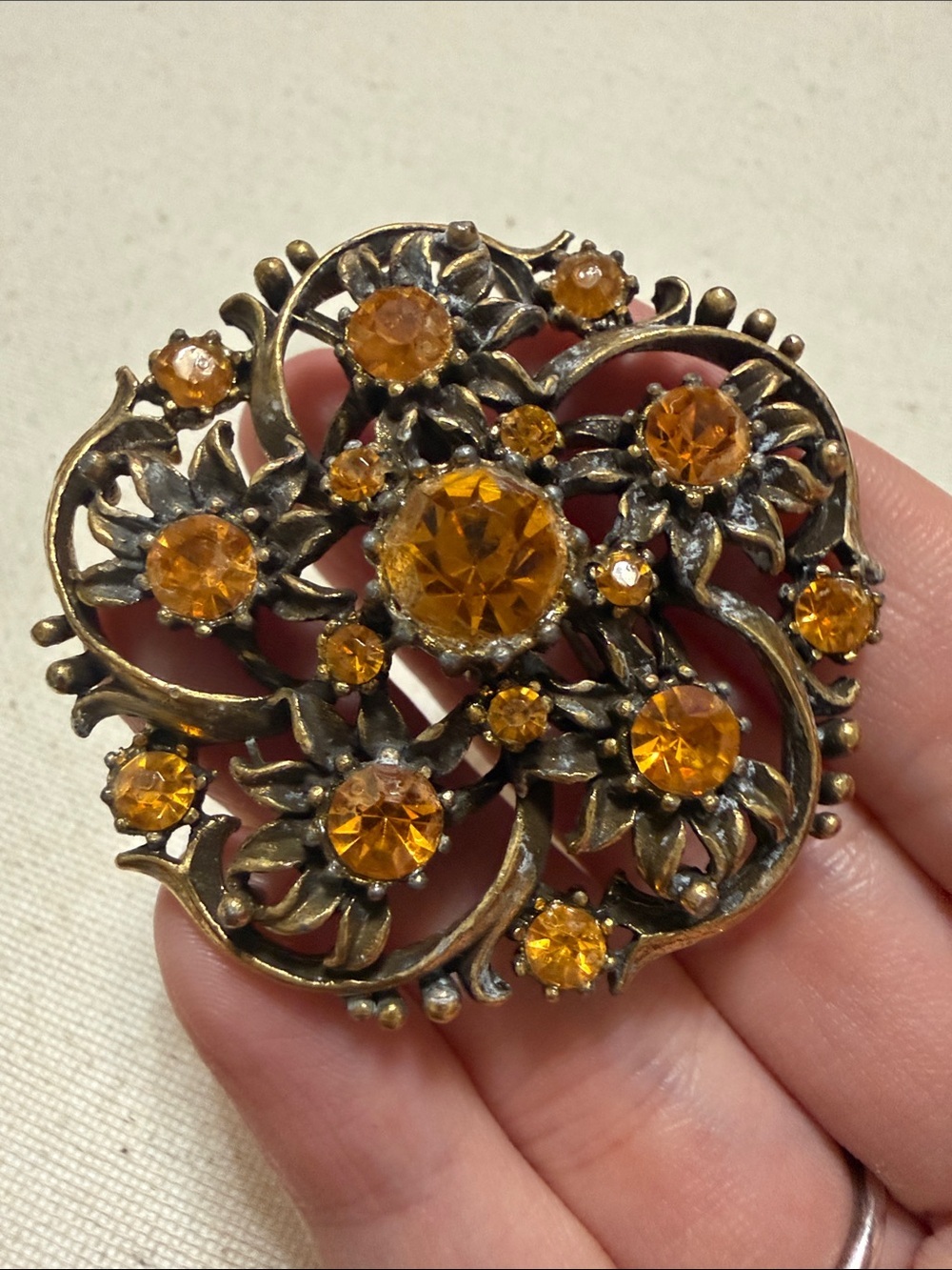 Vintage-Style Coro Gold Floral Brooch with Amber Crystals